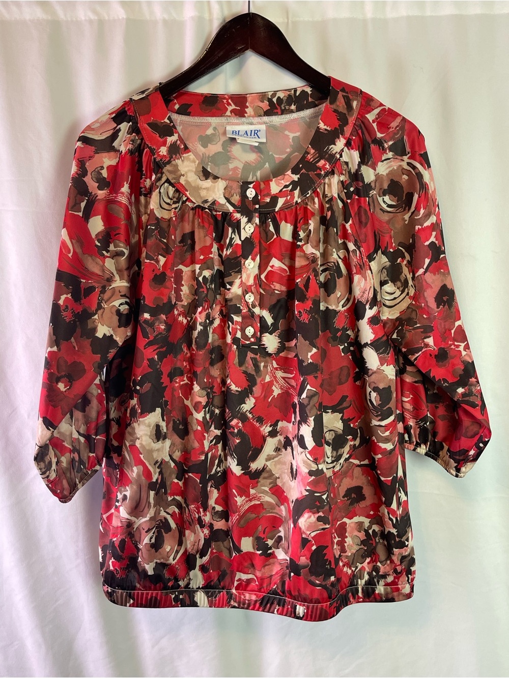 Blair Red and Brown Floral Scoop-Neck Blouse Size Medium